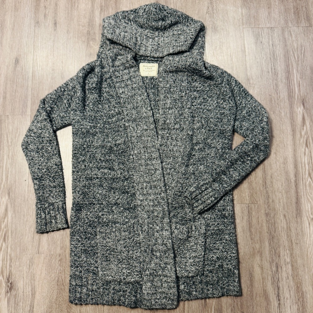 Abercrombie & Fitch Oversized Womens Gray Marled Wool Blend Hooded Open Cardigan